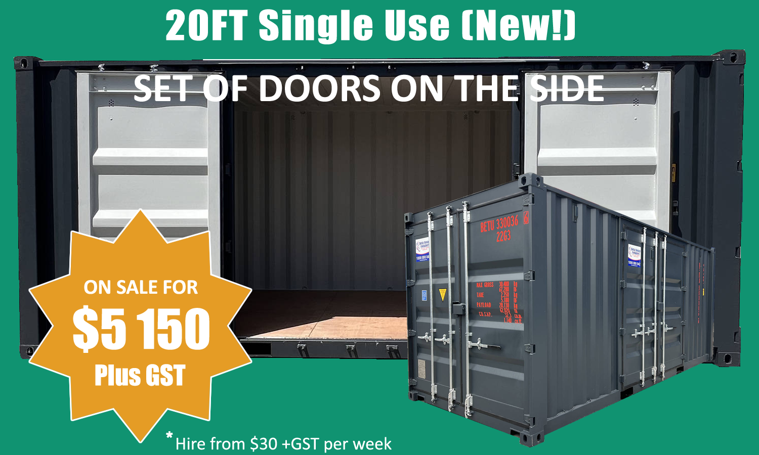 New 20ft Container with Set of Doors on the Side for Sales & Hire Sydney and NSW