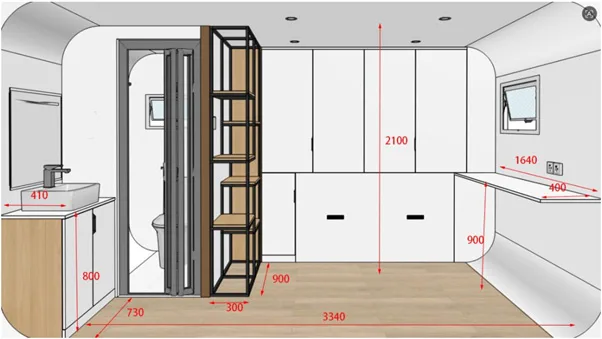 4m Pod House Interior — Betta Storage 4m pod house interior with bathroom, joinery and fold-out bed, Sydney