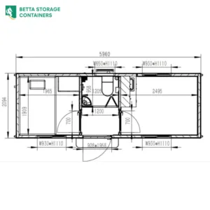6m 2-room accommodation unit, layout and dimensions drawing, for sale Sydney